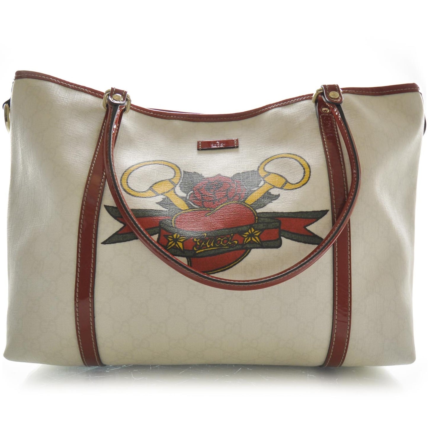 GG Plus Monogram Tattoo Heart Medium Joy Tote Off White Red