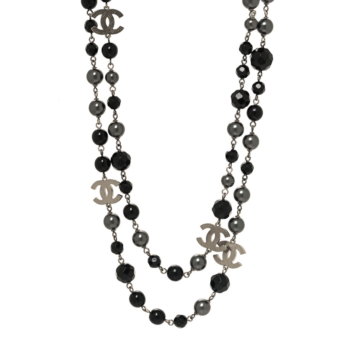 Ruthenium Pearl Beaded CC Long Necklace Black