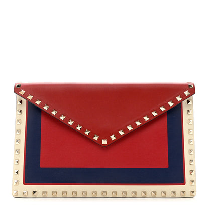 Valentino Garavani Vitello Color Block Rockstud Envelope Clutch Pure Blue Light Ivory Red 1 of 6