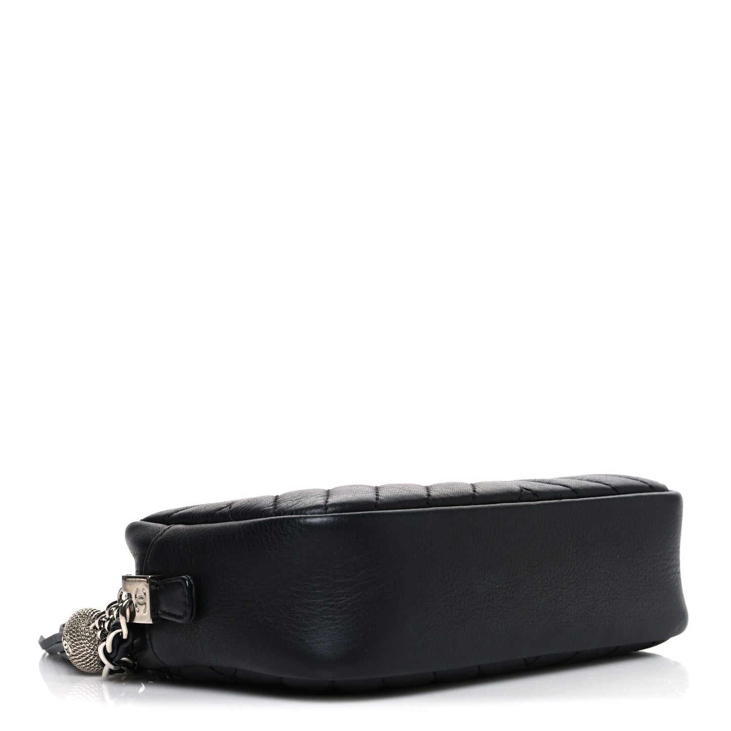 Calfskin Diagonal Chevron Quilted Tassel Camera Case Black