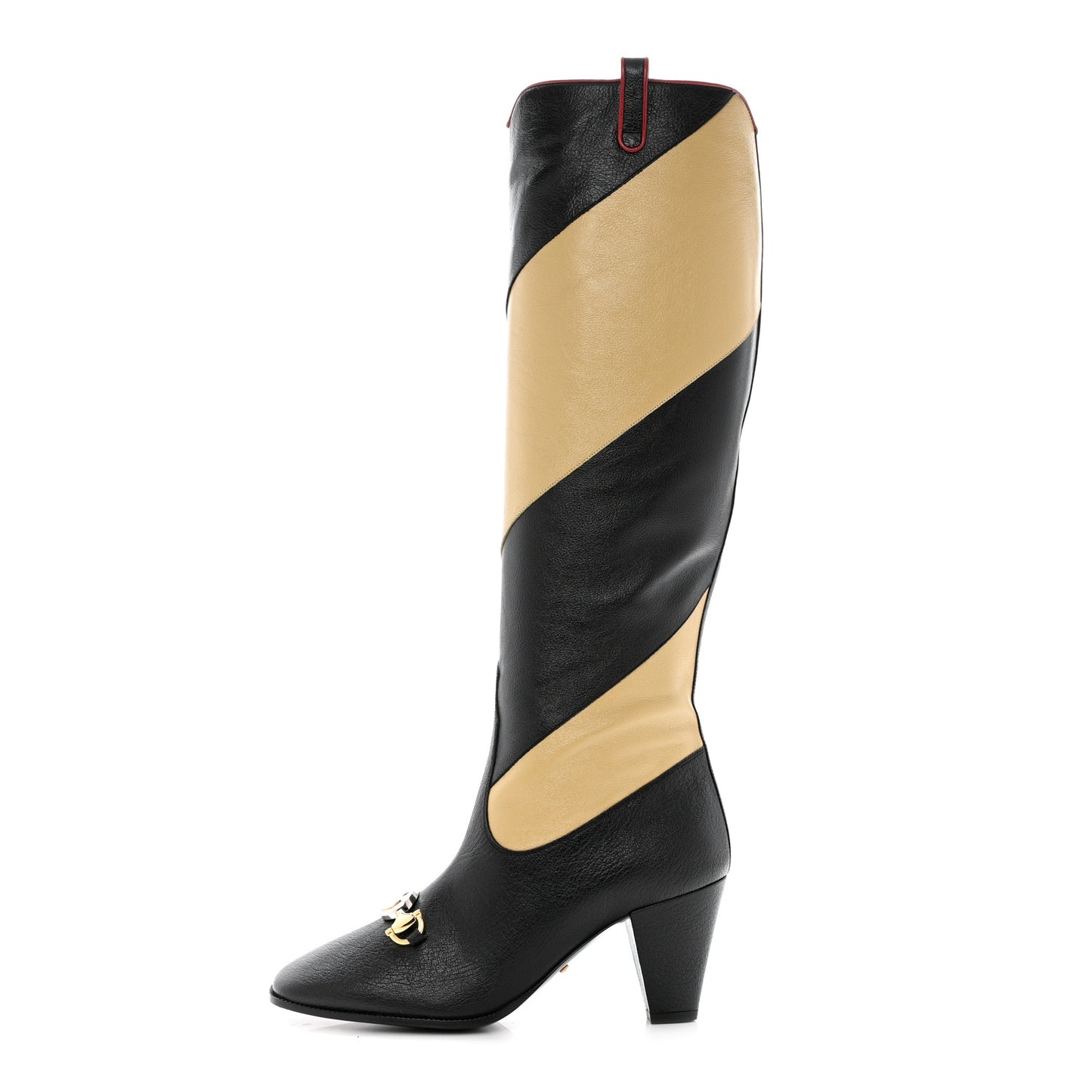 Calfskin Wrinkled Kid Diagonal Striped Zumi Knee Boots 36 Black Beige Romantic Cherry