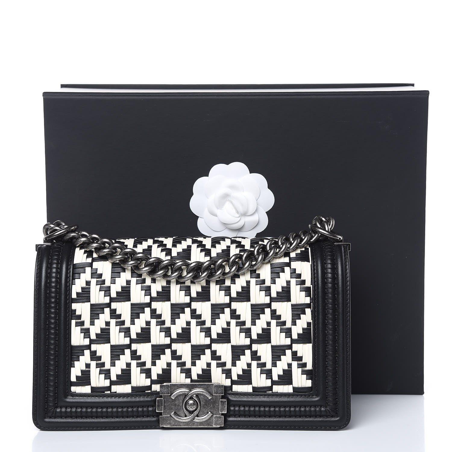 Chanel Calfskin Woven Medium Boy Flap Black White 11 of 11