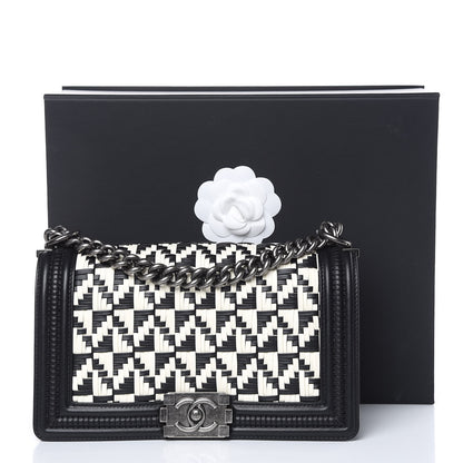 Chanel Calfskin Woven Medium Boy Flap Black White 11 of 11