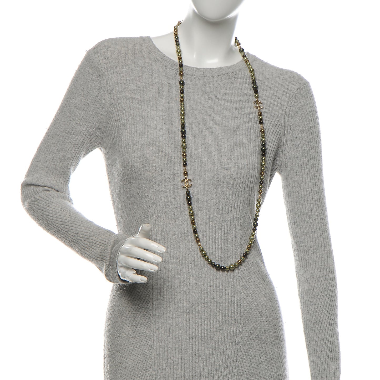 Pearl Beaded CC Long Necklace Gold Green