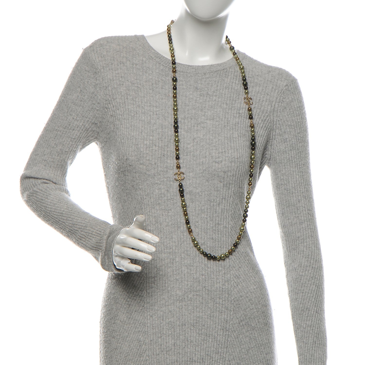 Chanel Pearl Beaded CC Long Necklace Gold Green 2 of 5