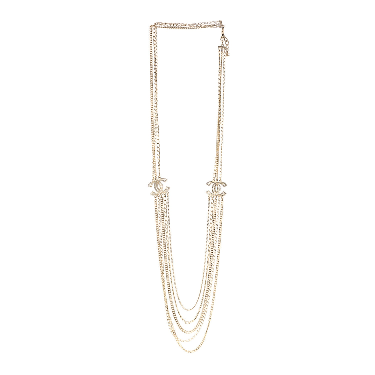 Chanel Multi Strand Chain Baguette Crystal CC Necklace Gold Gold 3 of 6