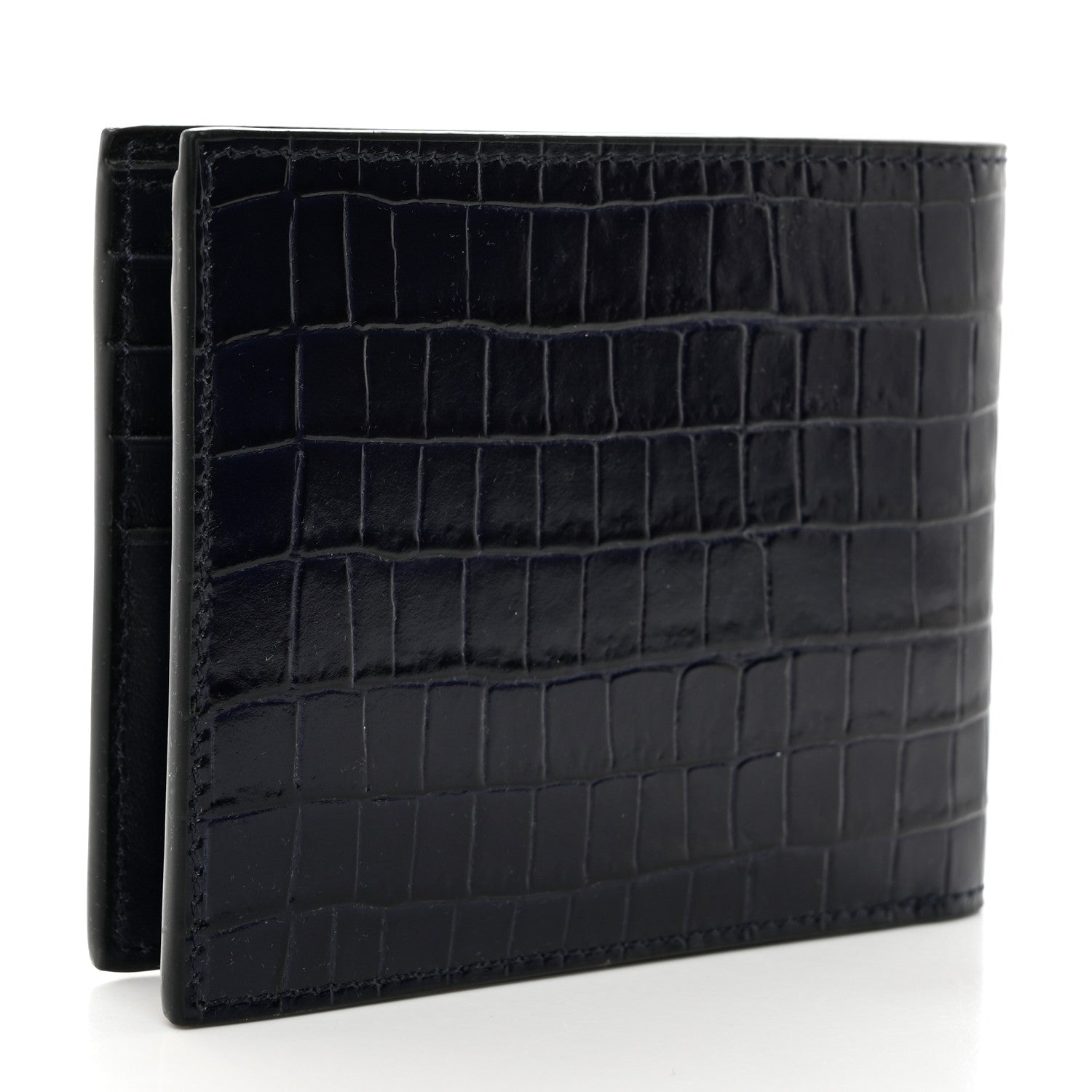 Tom Ford Glossy Calfskin Crocodile Embossed T Line Classic Bi-Fold Wallet Ink 3 of 7