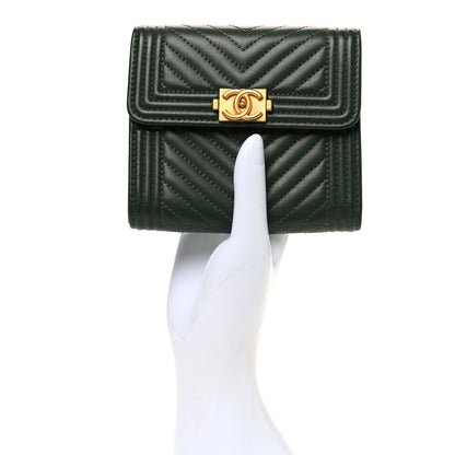 Chanel Lambskin Chevron Quilted Boy Compact Wallet Green 2 of 8