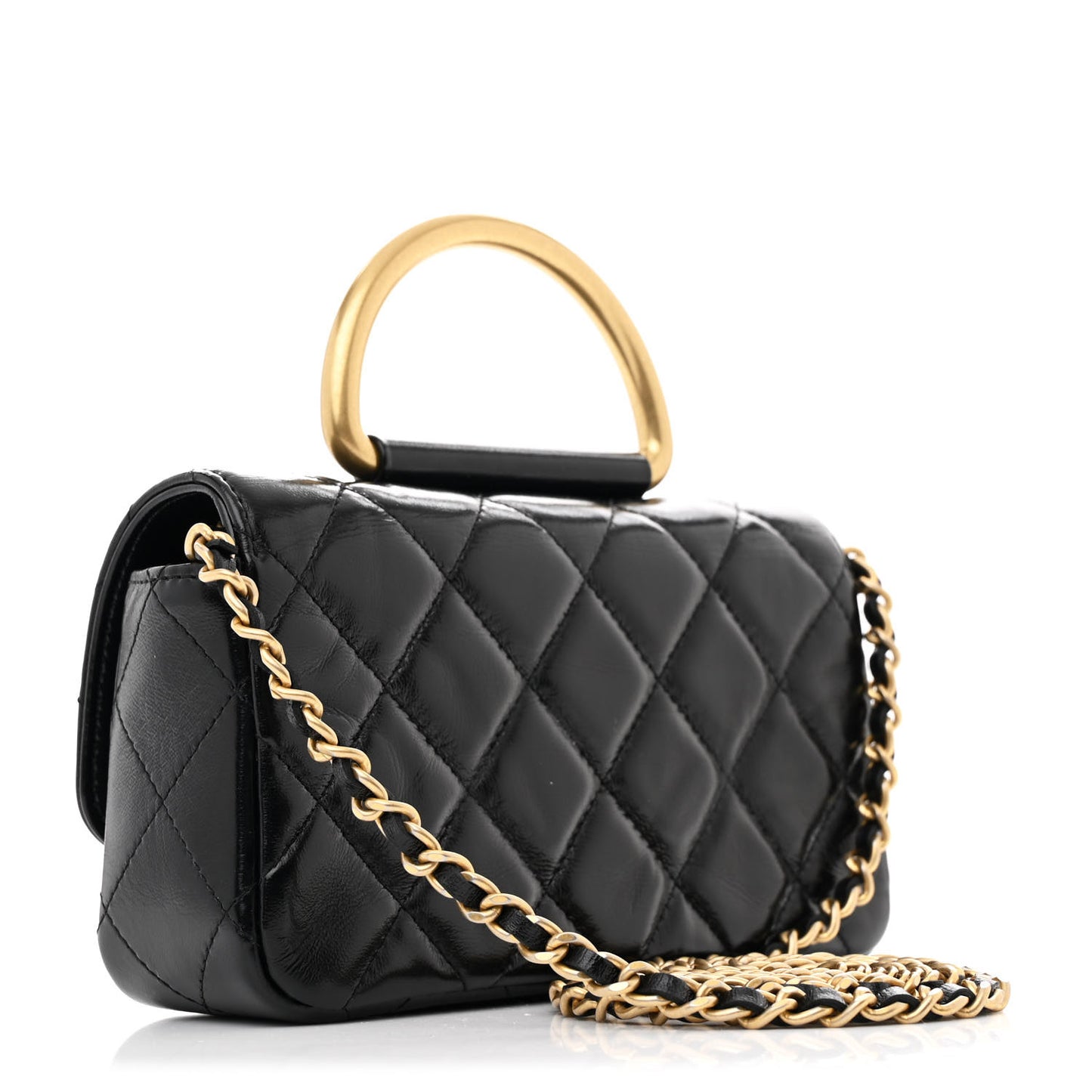 Shiny Lambskin Quilted Top Handle Flap Black