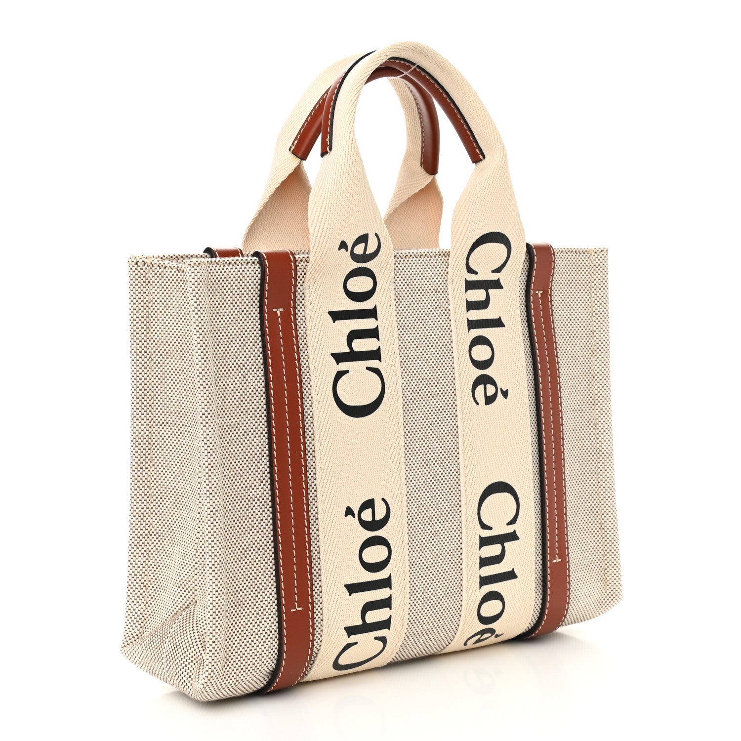 Chloe Cotton Calfskin Small Woody Ribbon Tote White Brown 3 of 9