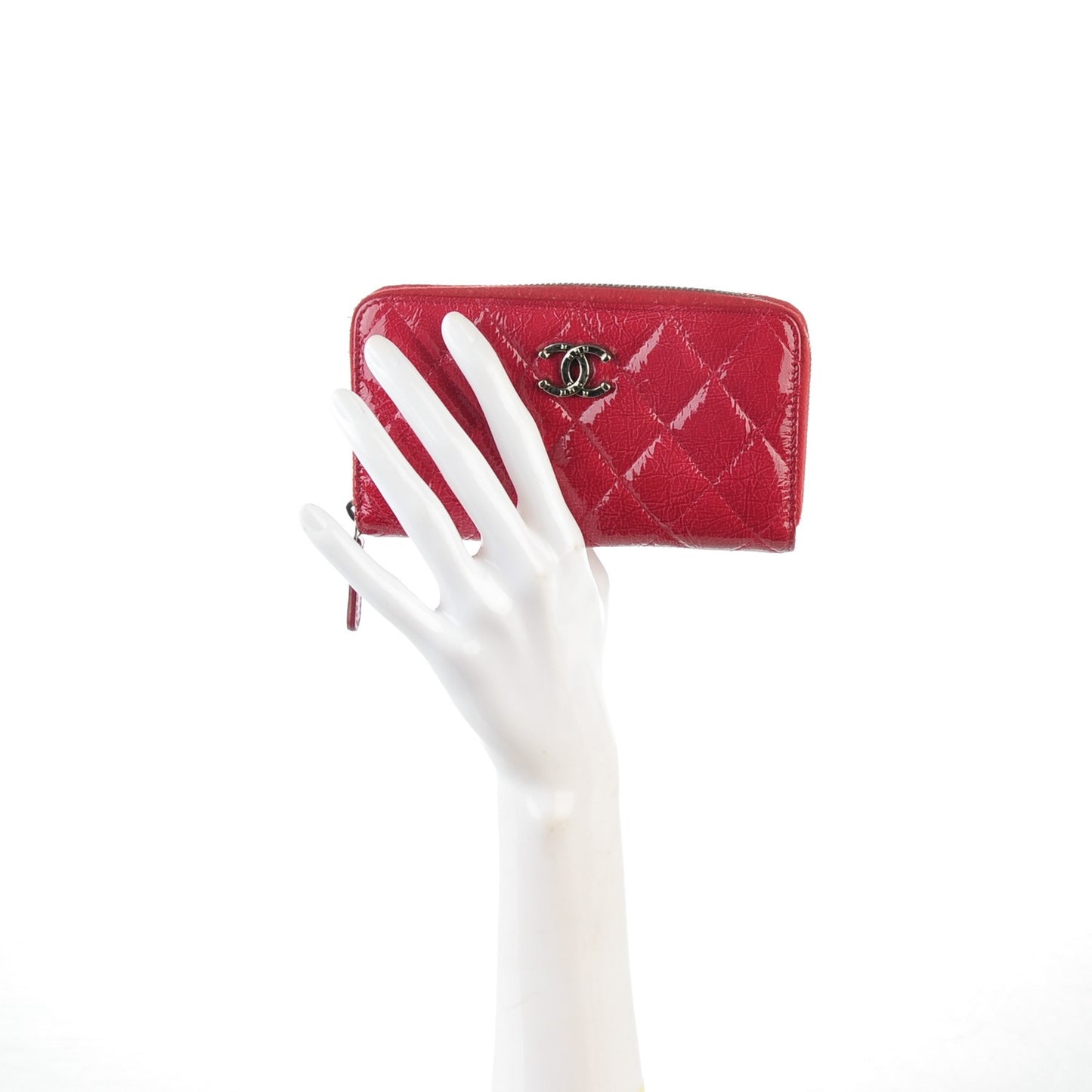 Patent Calfskin Quilted Zip Around Phone Holder Dark Pink