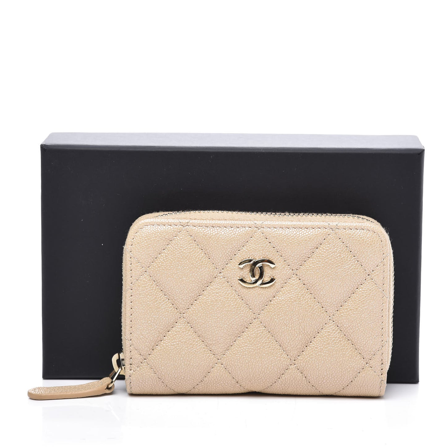 Iridescent Caviar Quilted Zip Around Coin Purse Beige