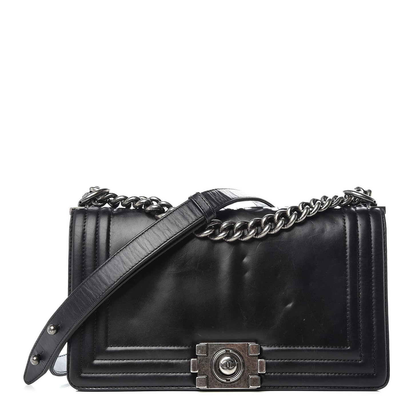 Glazed Calfskin Medium Boy Flap Black