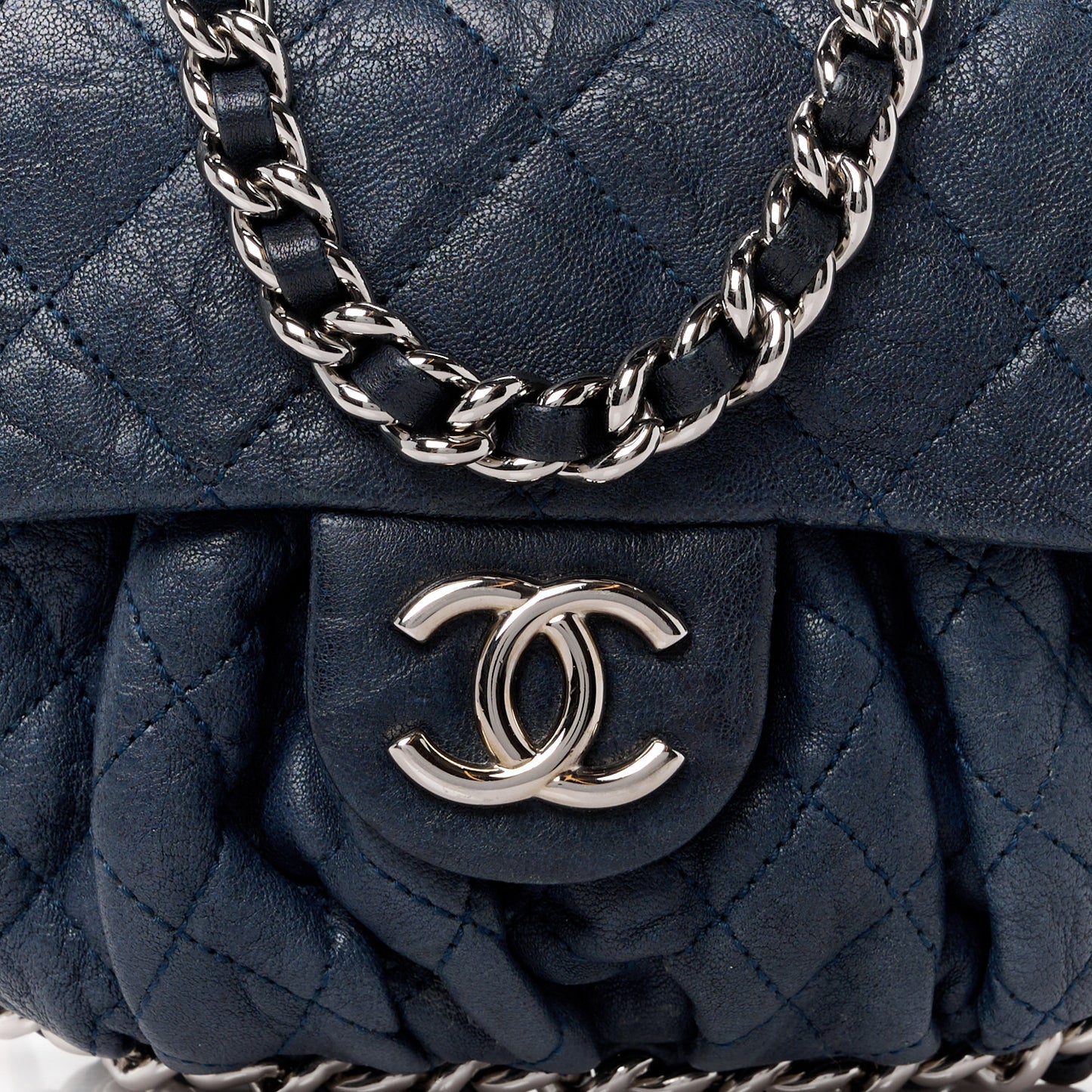 Washed Lambskin Quilted Mini Chain Around Flap Navy Blue