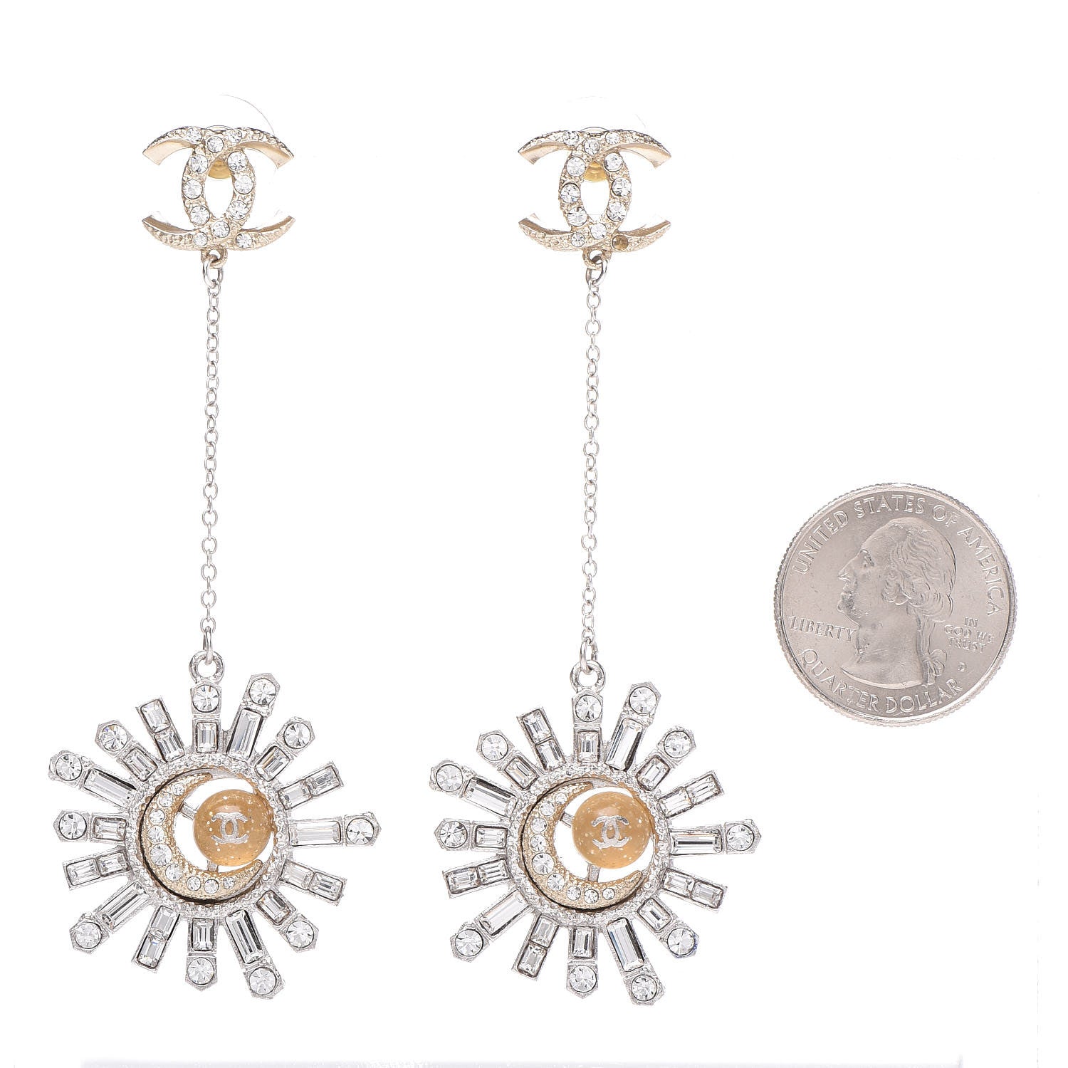 Chanel Baguette Crystal Moon CC Dangle Earrings Gold Silver 2 of 5