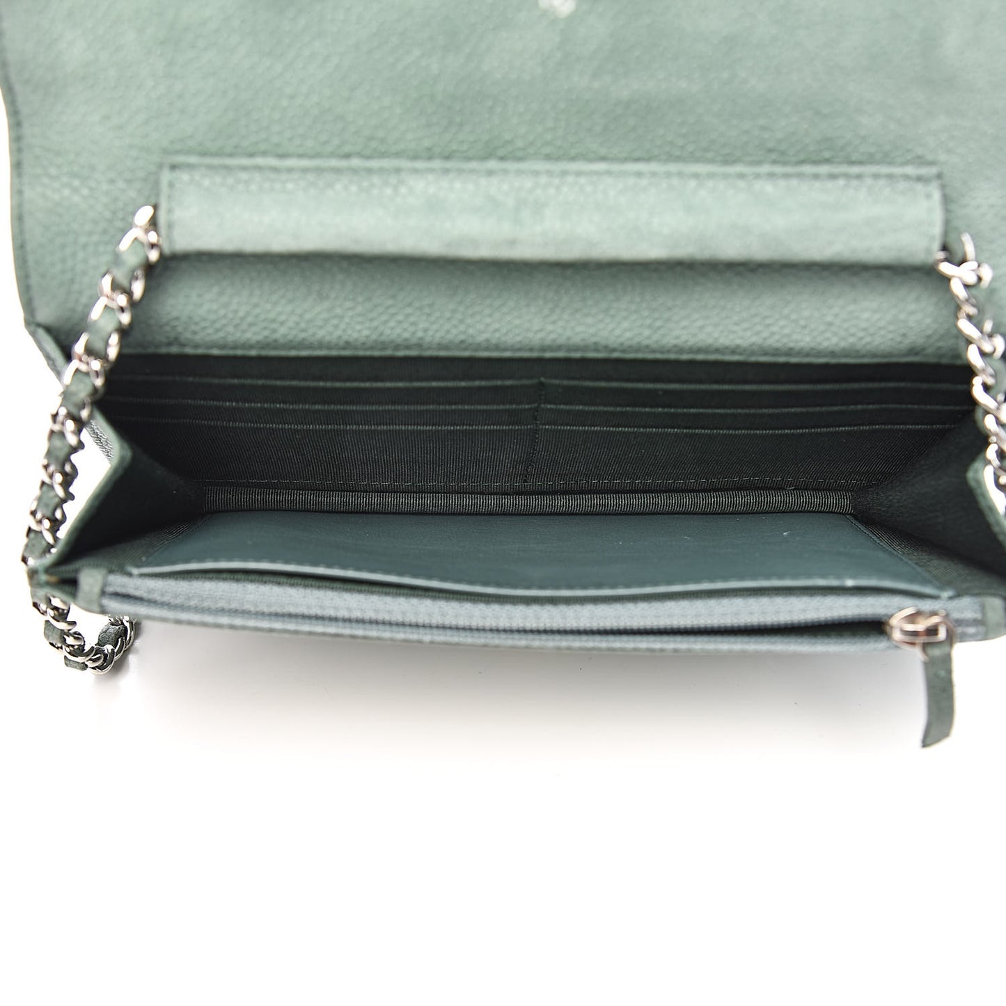 Iridescent Caviar Quilted Wallet On Chain WOC Green