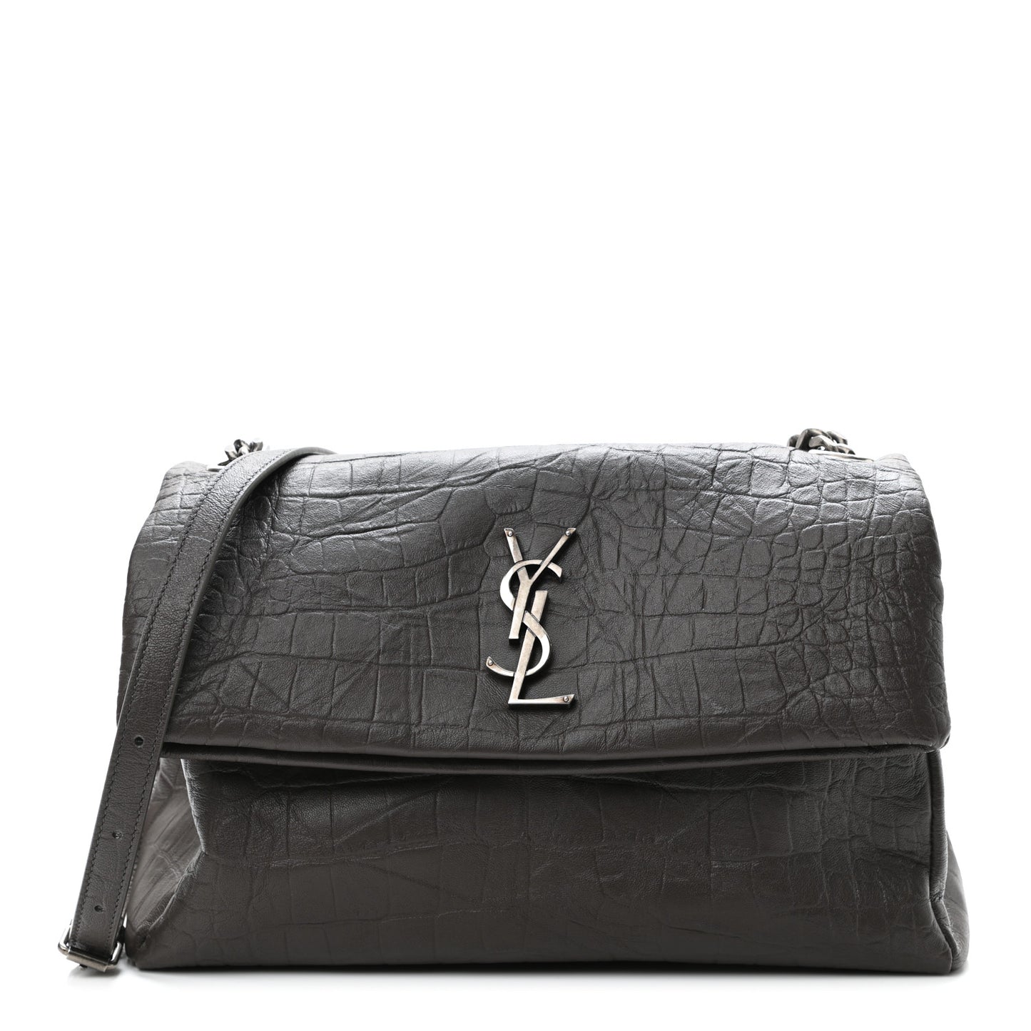 Calfskin Crocodile Embossed Medium West Hollywood Monogram Fold-Over Grey