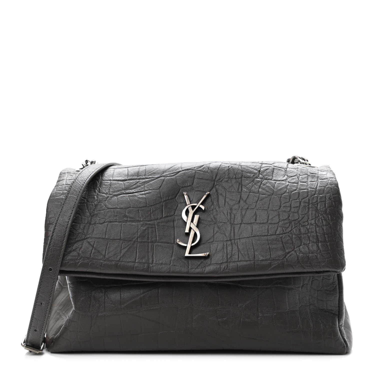 Saint Laurent Calfskin Crocodile Embossed Medium West Hollywood Monogram Fold-Over Grey 1 of 11
