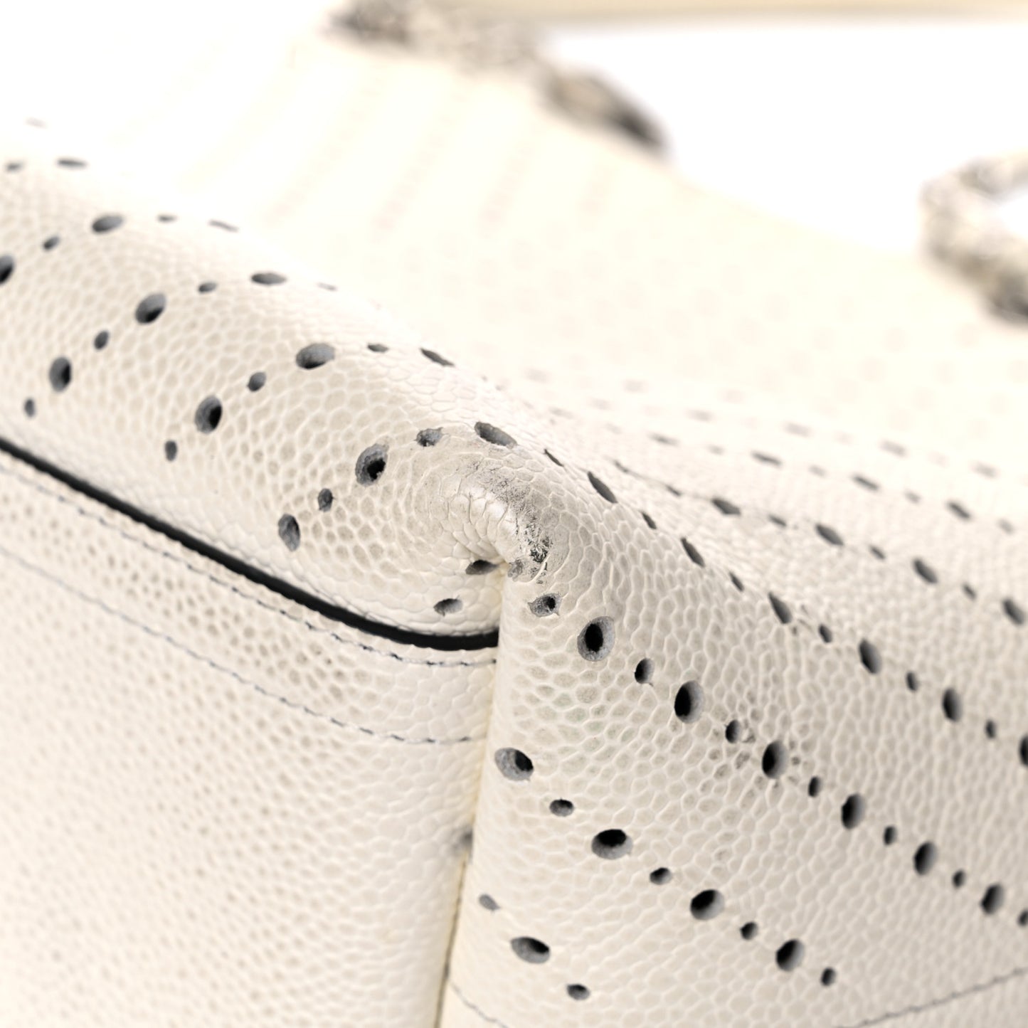 Perforated Grained Calfskin Small Shopping Tote White