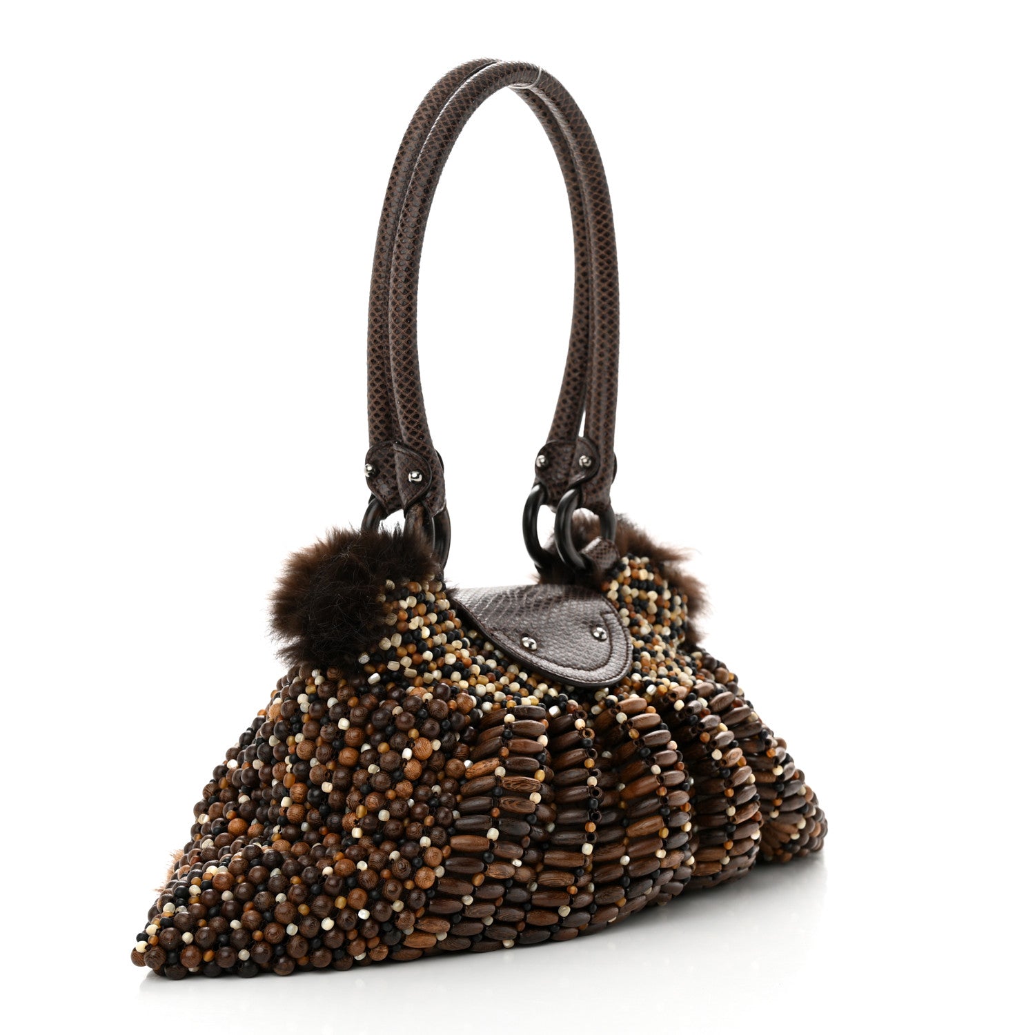 Salvatore Ferragamo Wood Beaded Lizard Mink Gancini Satchel Brown 3 of 10