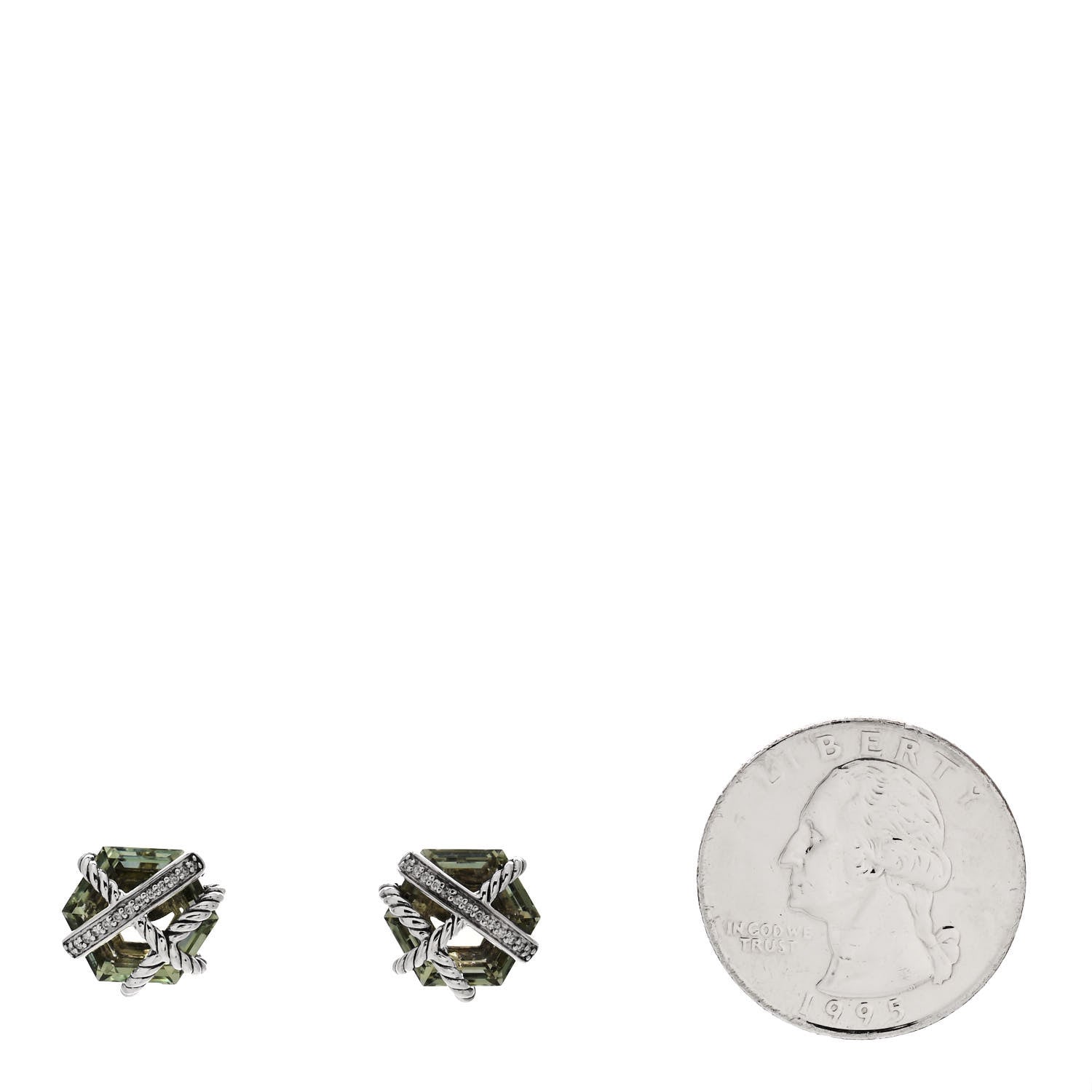David Yurman Sterling Silver Diamond Prasiolite 10mm Cable Wrap Earrings 2 of 4