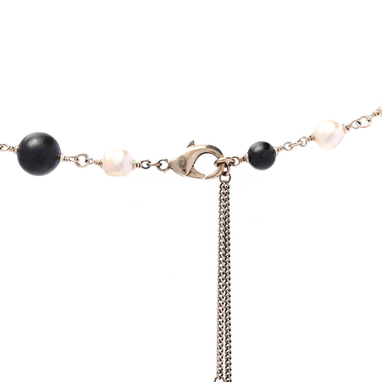 Pearl Beaded CC Long Necklace Silver Black