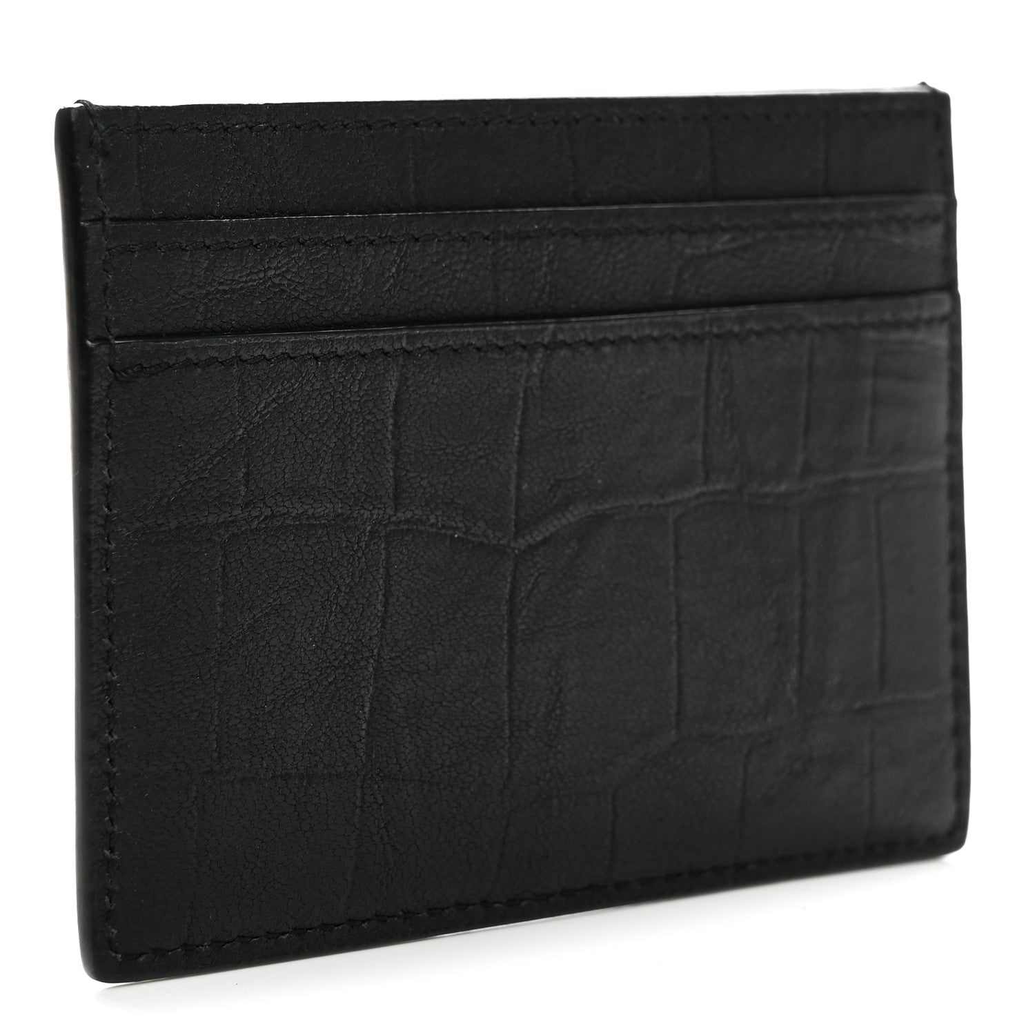 Saint Laurent Calfskin Crocodile Embossed Monogram Credit Card Case Black 3 of 8