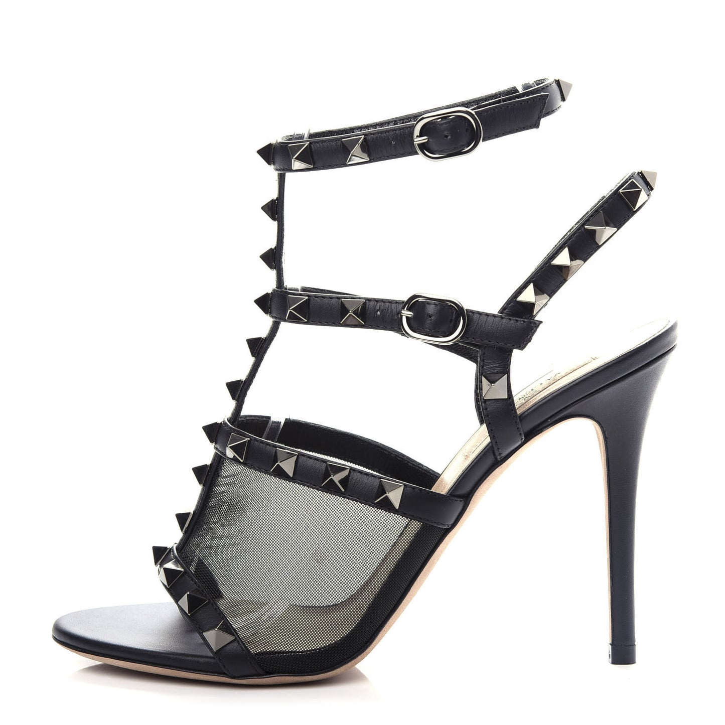 Calfskin Mesh Rockstud Gladiator 105mm Sandals 36 Black