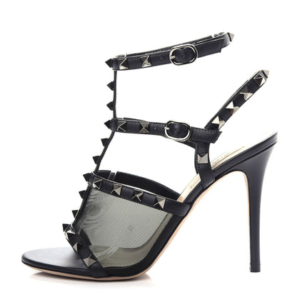 Valentino Garavani Calfskin Mesh Rockstud Gladiator 105mm Sandals 36 Black 1 of 10