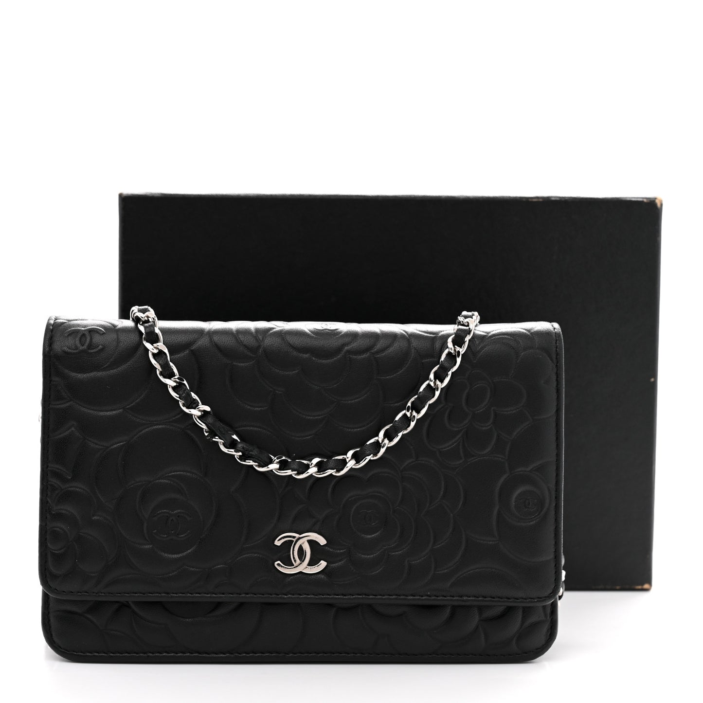 Lambskin Camellia Embossed Wallet On Chain WOC Black