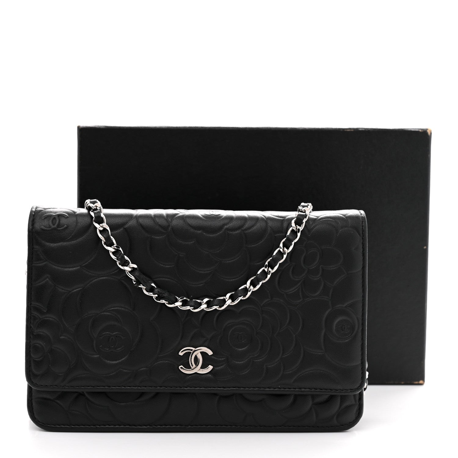 Chanel Lambskin Camellia Embossed Wallet On Chain WOC Black 15 of 15