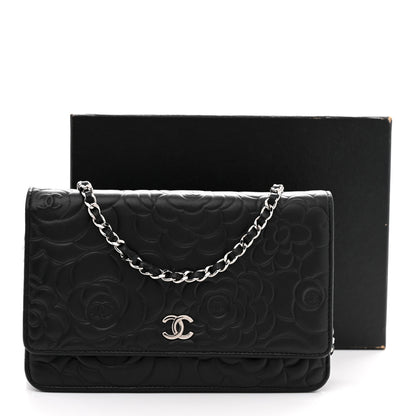Chanel Lambskin Camellia Embossed Wallet On Chain WOC Black 15 of 15