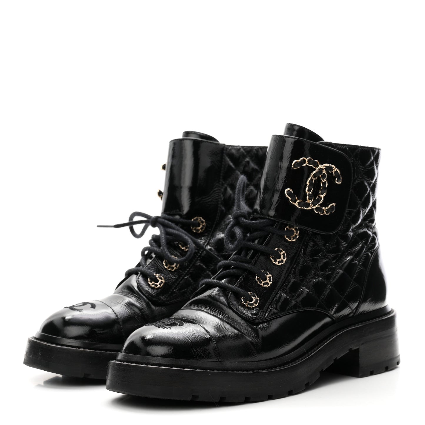 Shiny Lambskin Quilted Lace Up Combat Boots 38 Black