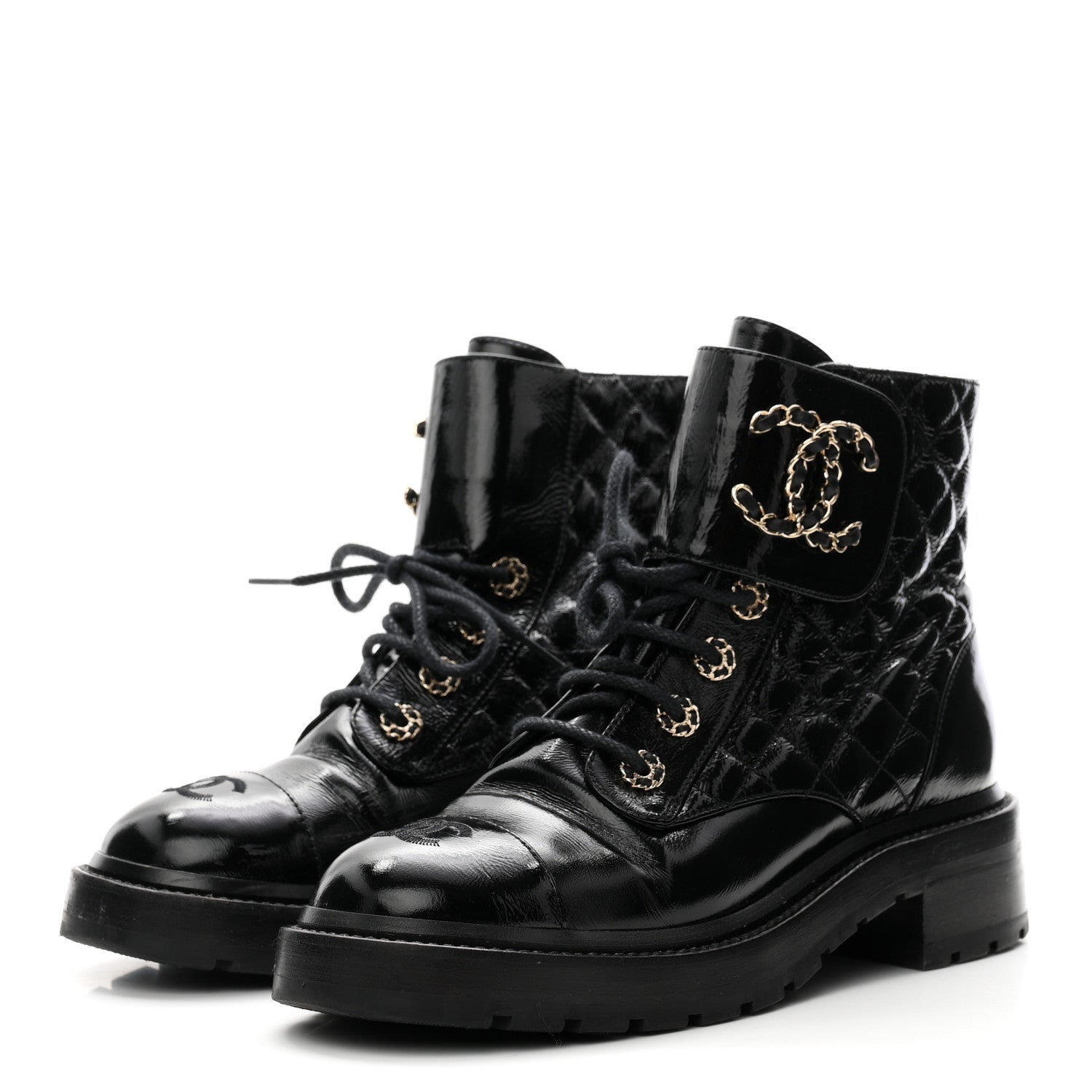 Chanel Shiny Lambskin Quilted Lace Up Combat Boots 38 Black 4 of 11