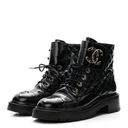 Chanel Shiny Lambskin Quilted Lace Up Combat Boots 38 Black 4 of 11