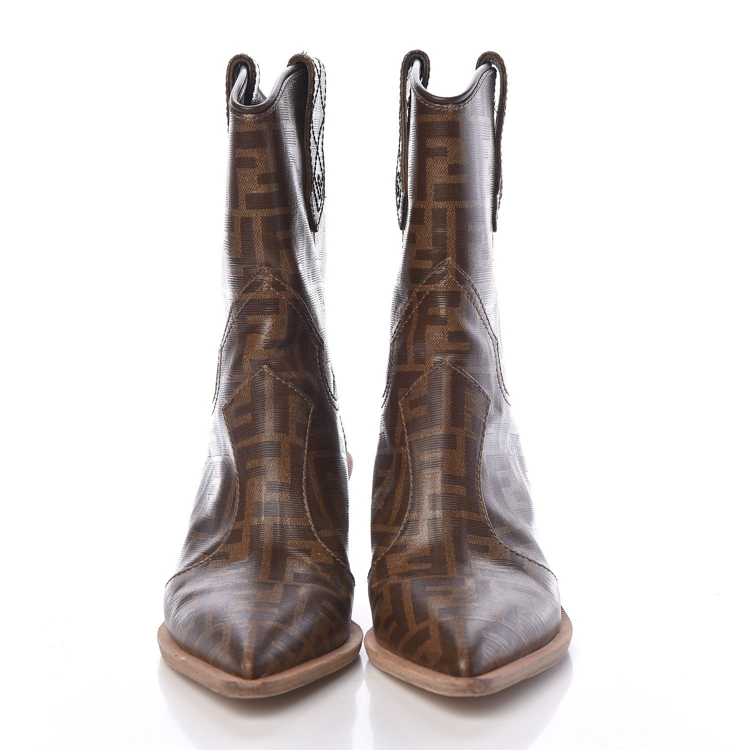 Fendi Glazed Fabric FF 1974 Cutwalk Ankle Boots 37 Mogano Panna 2 of 13