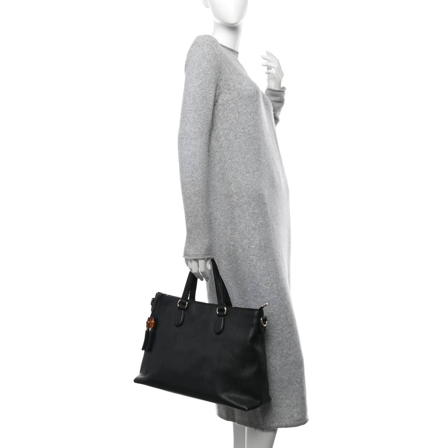 Pebbled Calfskin Convertible Bamboo Tassel Tote Black