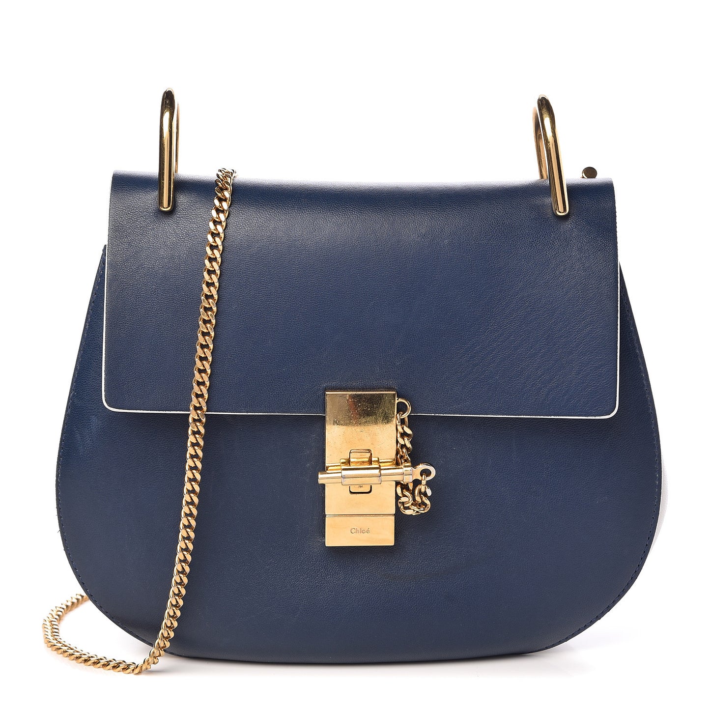 Smooth Calfskin Bi-Color Drew Shoulder Bag Royal Navy Marshamallow