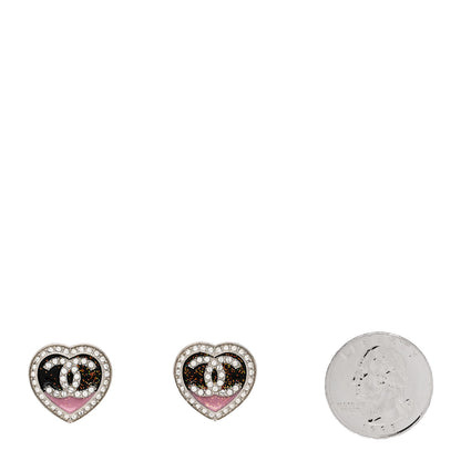 Chanel Resin Crystal Glitter CC Heart Stud Earrings Silver Black Pink 2 of 5