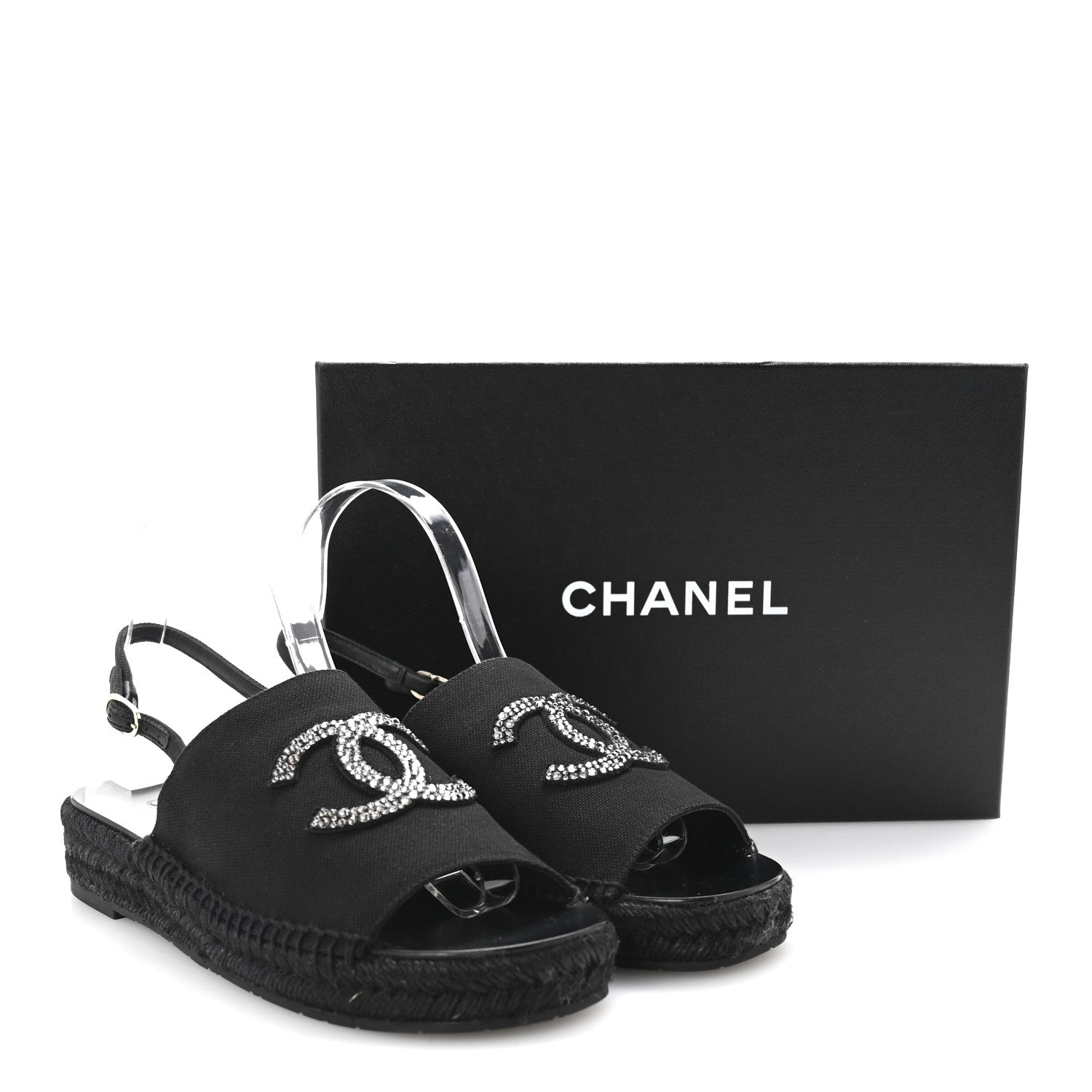 Chanel Canvas Strass CC Espadrille Slingback Sandals 39 Black 10 of 10