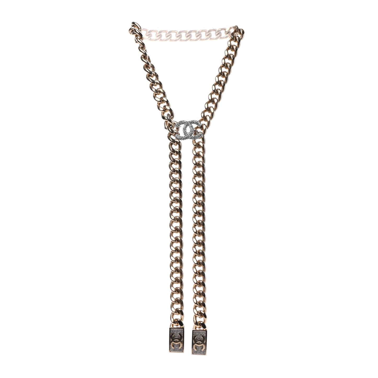 Chain Link Crystal CC Dog Tag Charm Necklace Gold