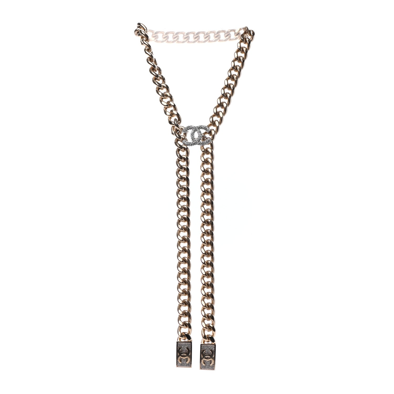 Chanel Chain Link Crystal CC Dog Tag Charm Necklace Gold 2 of 5