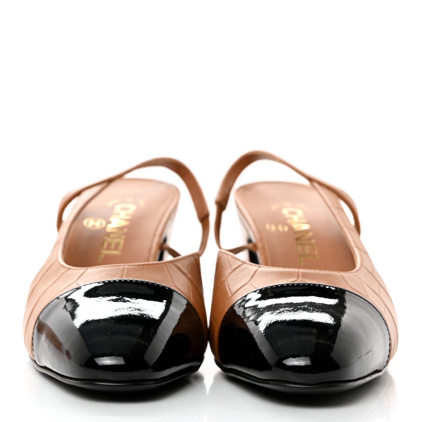Calfskin Crocodile Embossed Patent Cap Toe CC Slingback Pumps 37.5 Light Brown Black