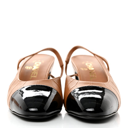Chanel Calfskin Crocodile Embossed Patent Cap Toe CC Slingback Pumps 37.5 Light Brown Black 2 of 8