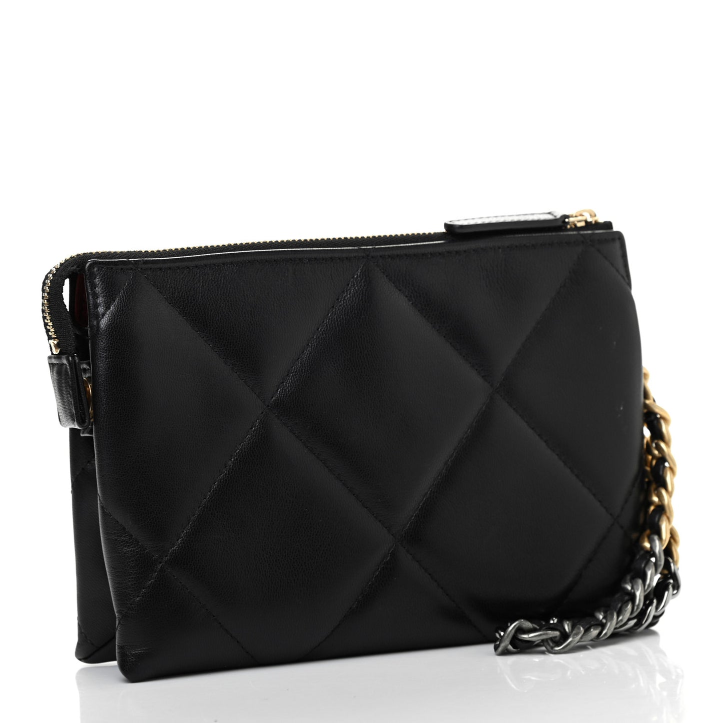 Shiny Goatskin Quilted Small Chanel 19 Pouch With Handle Black