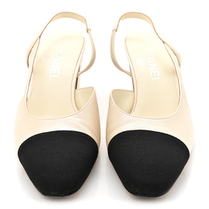 Chanel Lambskin Grosgrain Cap Toe CC Slingback Pumps 38 White Black 3 of 14