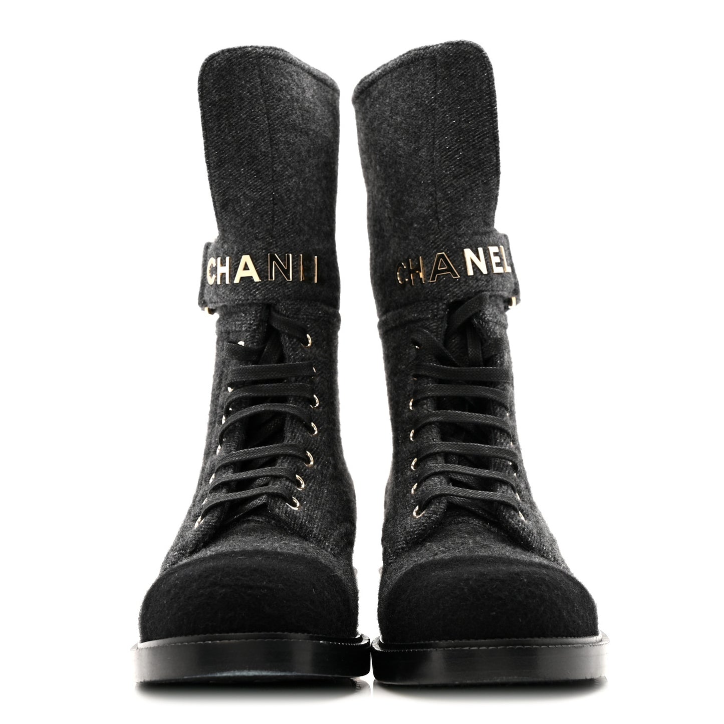 Tweed Lace Up Combat Boots 37.5 Dark Grey Black