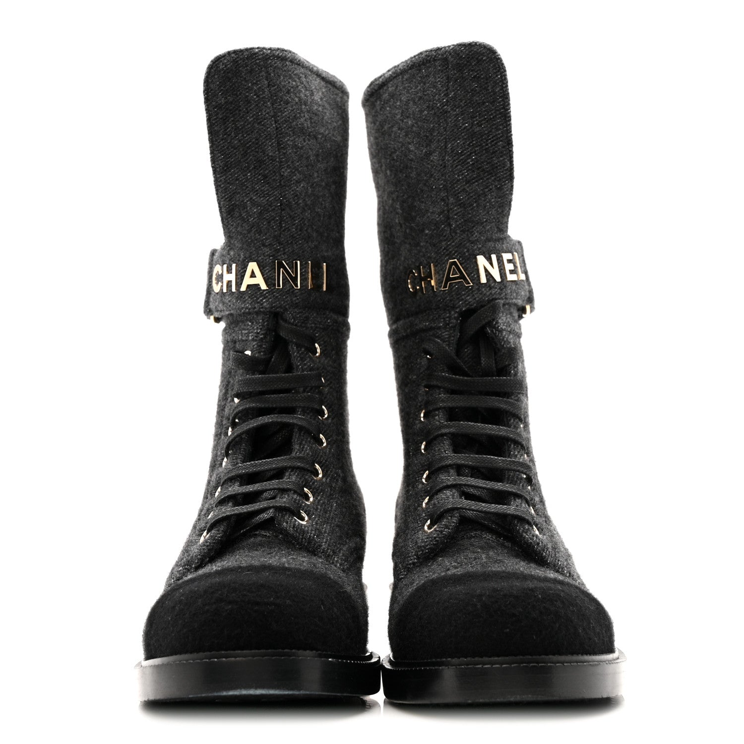 Chanel Tweed Lace Up Combat Boots 37.5 Dark Grey Black 5 of 26