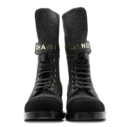 Chanel Tweed Lace Up Combat Boots 37.5 Dark Grey Black 5 of 26