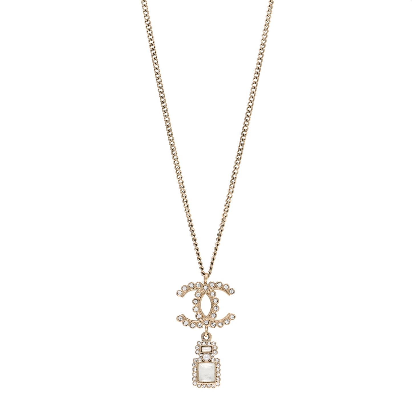 Crystal Pearl CC Perfume Bottle Necklace Pearly White Gold
